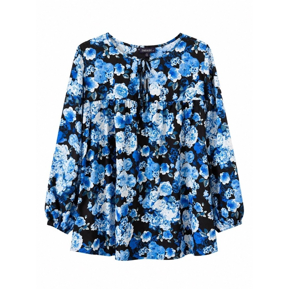 Roamans Plus Size 26W Blue Black Floral Peasant Blouse Top Long Sleeve